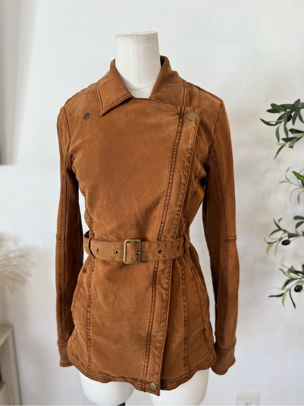 Anthropologie Brown Cotton Moto Jacket Belted Utility Coat Size XS